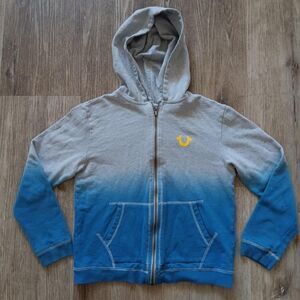 True Religion zip up hoodie sweater boys medium pockets logo grey blue cotton